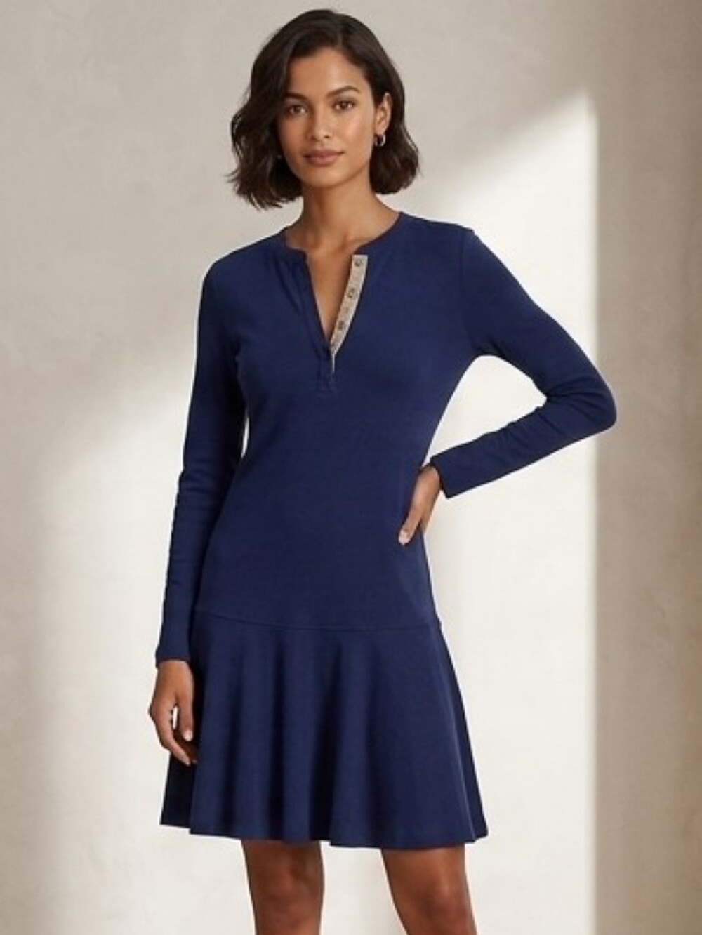 Lauren Jeans Co. Ralph Navy Long-Sleeve Notch-Neck Flared Dress Size Sz S